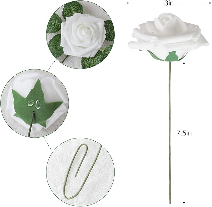 AmyHomie Artificial Flowers White Rose 100pcs Real Looking Fake Roses w/Stem for DIY Wedding Bouquets Centerpieces Arrangements Party Baby Shower Home Decorations