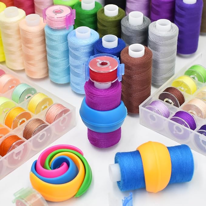SHRJ 130pcs Sewing Thread kit, 50 Colors Sewing Machine Threads Prewound Bobbins with Bobbin Thread Buddies Storage Needles Assortment, 400 Yards per Spools Polyester Thread