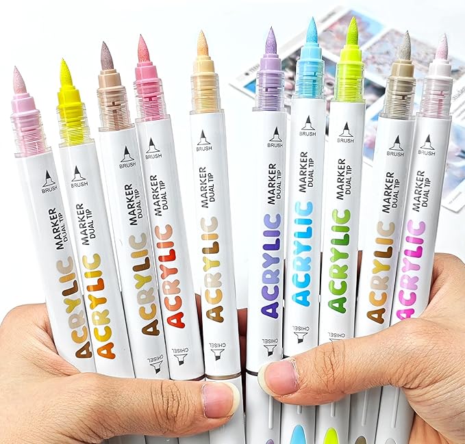 kander 12 Colors Dual Tip Acrylic Paint Markers, Purple Color — Extra Fine & Soft Brush Pen Set with Direct Ink Flow for Sketching, Detailing, Coloring on Wood, Canvas, Rock, Glass, DIY Crafts