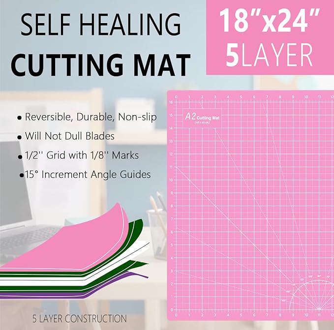 HEADLEY TOOLS 18"x24" Thickened Self Healing Cutting Mat, A2 Rotary Cutting Sewing Mat for Crafts, Double Sided 5-Ply Table Cutting Board for Fabric Quilting Patchwork Arts Hobby Project, Pink/Purple