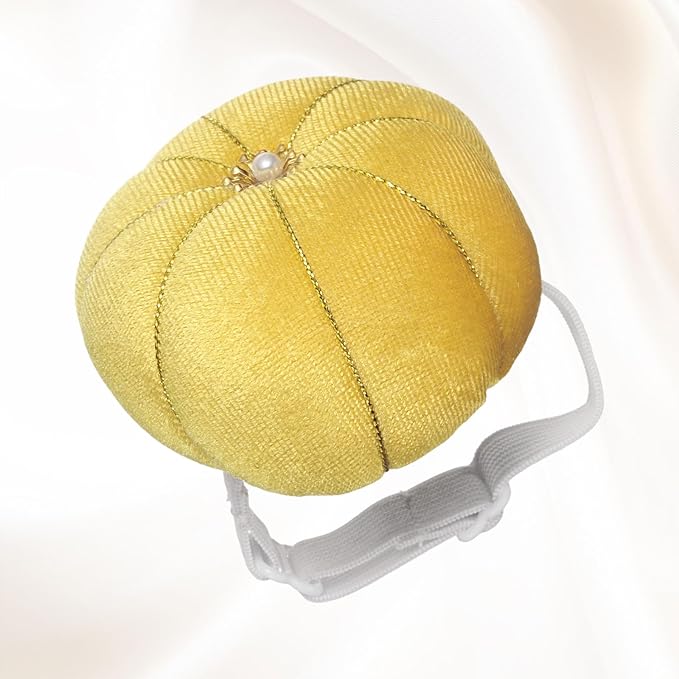 HARFINGTON Wrist Pin Cushion Wristband Sewing Pincushion Polyester Pin Holder Wearable Pumpkin Shaped Needles Wristband for Sewing Quilting Needlework DIY Crafts, Yellow