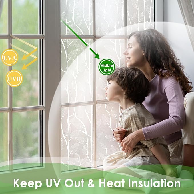 DKTIE Nordic Leaves Window Privacy Film Decorative Stained Glass Sun Blocking Heat Control with Free Installation Tools, Privacy Window Film Day and Night (White, 17.7'' x 118.1'')