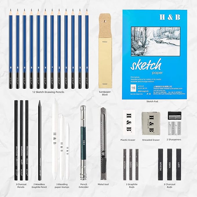 H & B 33 Pieces Drawing Pencils Set, Sketching Pencils Set & Drawing Kit, Includes Sketch Pad, Graphite Pencils, Charcoal Sticks and Eraser, Supplies for Artists/Beginner/Adults