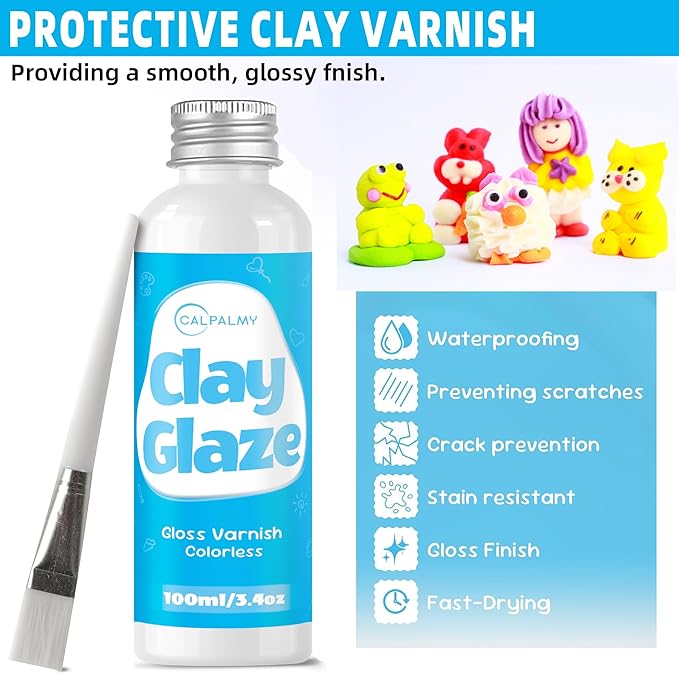 CALPALMY 100ml Gloss Air Dry Clay Glaze with 29pcs Clay Tools Kit – Clay Varnish Sealant for Surface Protection, Pottery and Sculpting Tools for Carving, Shaping, and Molding Crafts