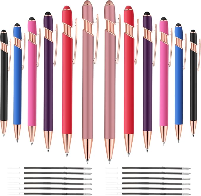 12 PCS 2 in 1 Stylus Ballpoint Pen with Stylus Tip, 1.0 mm Black Ink Metal Pen Stylus Pen for Touch Screens (Rose glod & 6 Colors)
