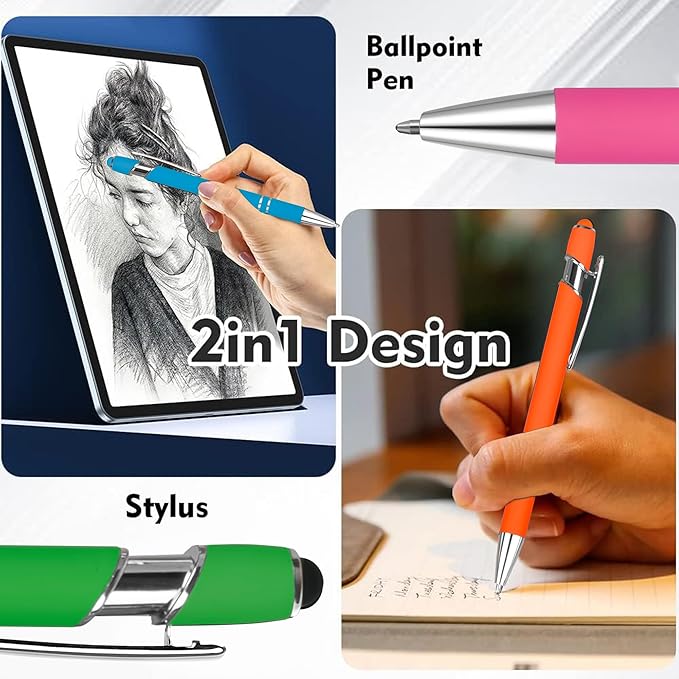 12 PCS 2 in 1 Stylus Ballpoint Pen with Stylus Tip, 1.0 mm Black Ink Metal Pen Stylus Pen for Touch Screens (Silver & Mix-1)