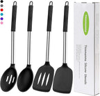 Silicone Spatula Spoon Set, 4 PCS Silicone Cooking Utensils Spatula Spoon Set with Stainless Steel Handle, BPA Free Kitchen Turners for Frying, Mixing, Serving, Draining, Turning, Stirring, Black