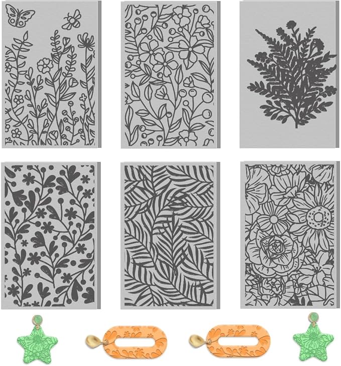 6 PCS Polymer Clay Texture Sheets Plants Clay Texture Mat for Using with Clay Cutters Pottery Earrings Jewelry DIY Making