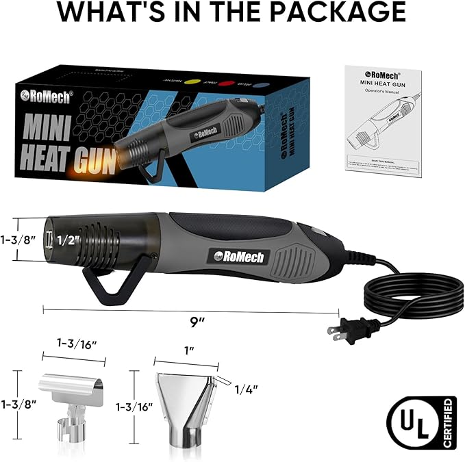 ROMECH 350W Heat Gun with 2 Nozzles, Dual Temp Heat Gun 400°F-660°F, Fast Heat Hot Air Gun with Overload Protection for DIY Craft Embossing Shrink Wrapping (Grey)