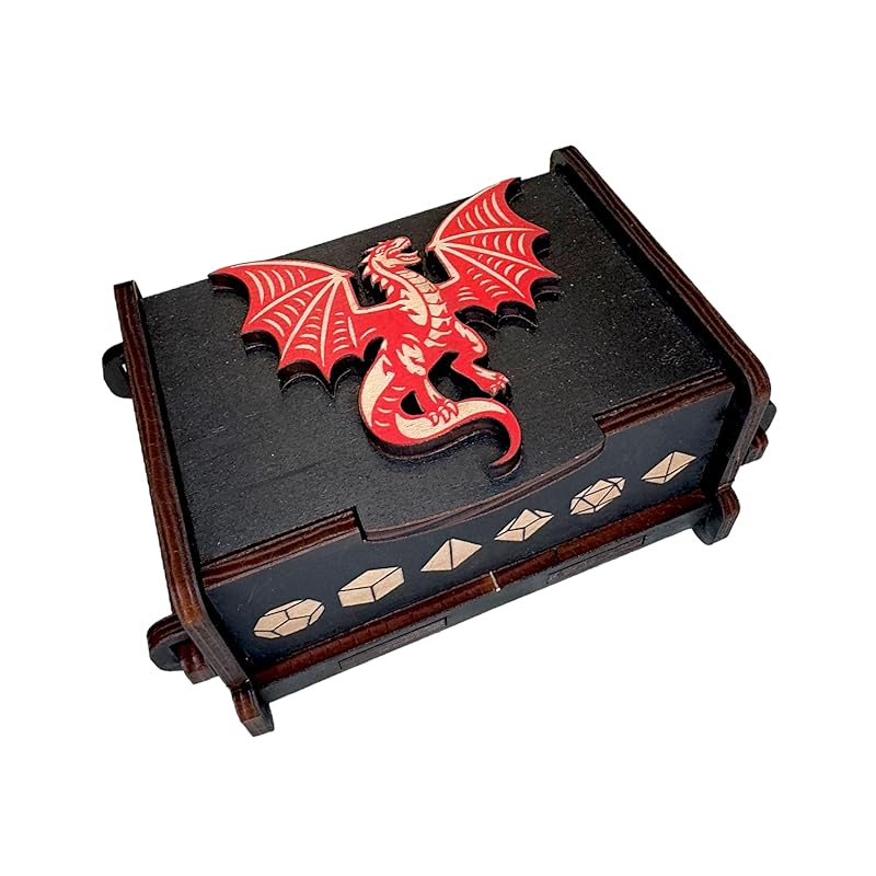 Dice Box - BLACK - 6x4x3 Also holds jewelry and great for desks and desk top items (The Red Dragon)