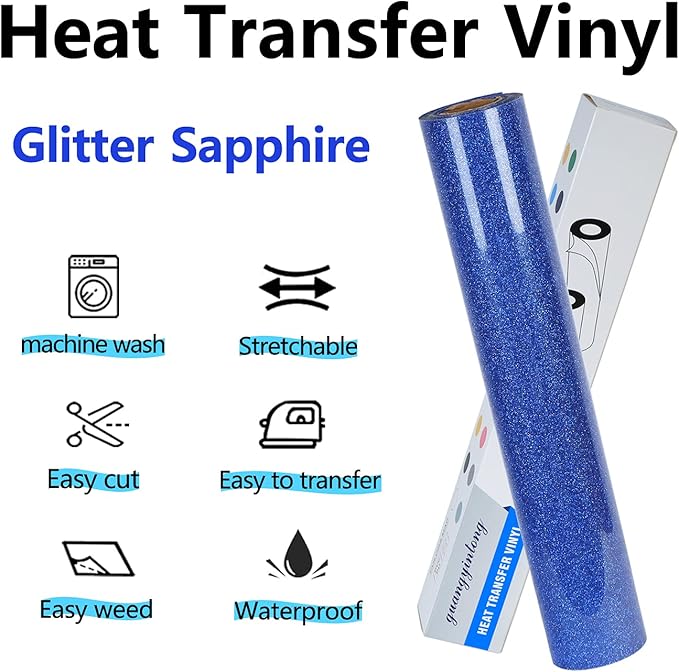 guangyintong Glitter Blue Heat Transfer Vinyl HTV Rolls, 12" x 8ft Iron on Vinyl for T-Shirts Glitter Blue HTV Vinyl for All Cutter Machines Easy to Cut & Weed for Heat Vinyl Design