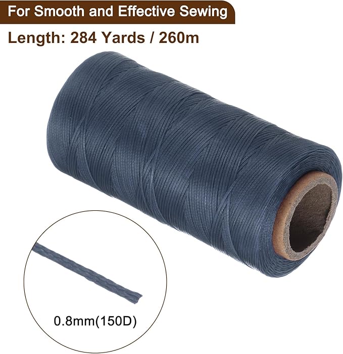 uxcell Leather Sewing Waxed Thread, 284 Yards / 260m 0.8mm 150D Flat Polyester All-Purpose Threads for Leather Crafts, Bookbinding, Denim Blue
