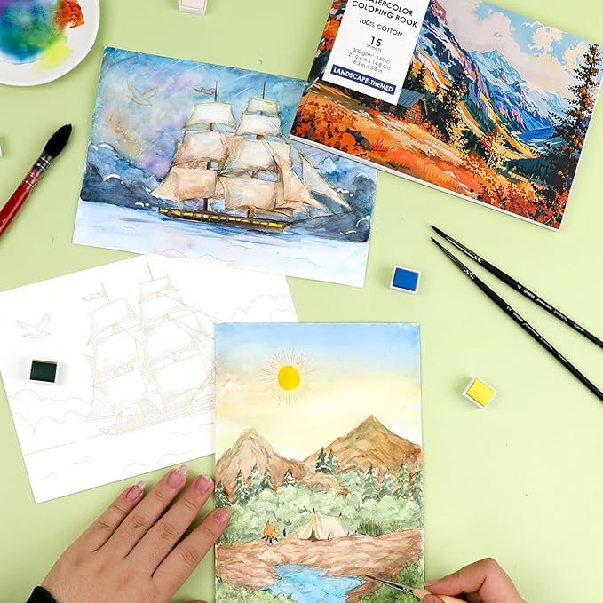 Grabie Watercolor Coloring Book, 15 Sheets A5 (8.3 x 5.8),Watercolor Book for Adults: Ignite Your Artistic Expression on 100% Cotton Paper (Land-Scape)