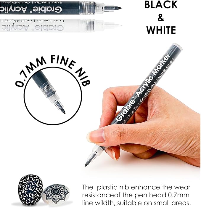 Grabie Black&White Extra Fine Tip Acrylic Paint Marker Set, 6 Pack, 0.7mm Acrylic Paint Pens for Highlights, White Highlight Markers