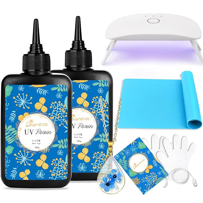 Bsrezn 200g UV Resin Kit with Light, Crystal Clear Solar Activated UV Epoxy Resin for Jewelry Making (100g x 2)
