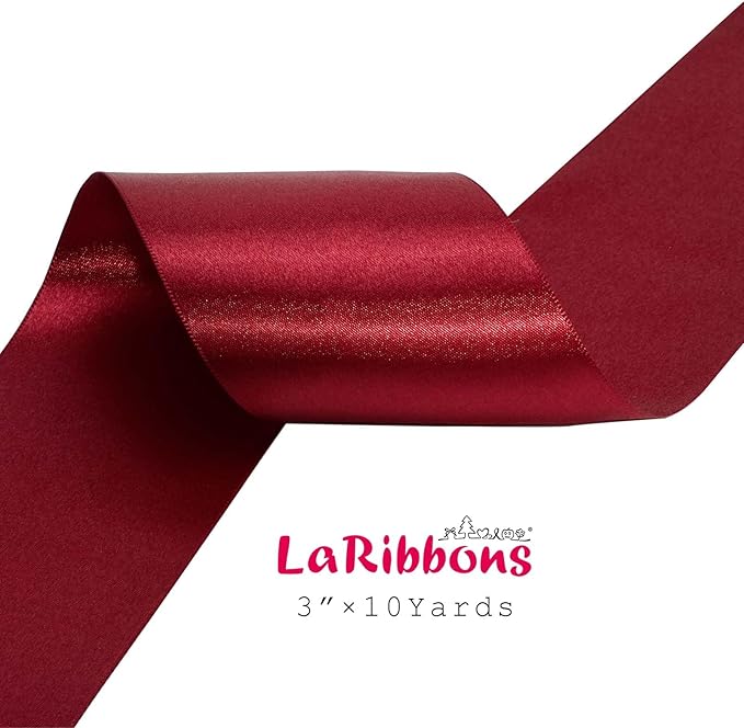 LaRibbons Red Satin Ribbon 3 Inch 10 Yards Christmas Ribbons Double Faced Luxury Burgundy Silk Ribbon for Gift Wrapping Flower Bouquets Bow Christmas Wedding Party Decoration