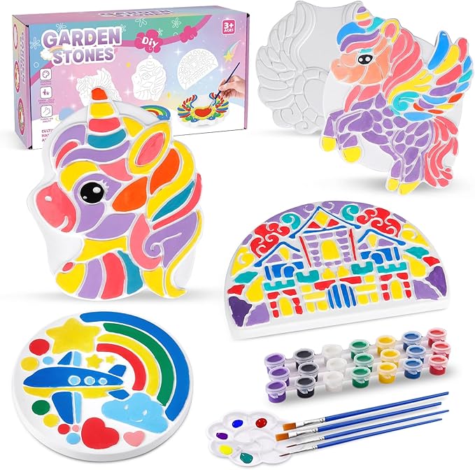 IFLOVE Paint Your Own Stepping Stones for Kids Craft Kits,Arts and Crafts for Kids Ages 4-8,5 Pack Painting Crafts for Girls Ages 8-12，Outdoor Toys Art Supplies Toddler Birthday Gift (Unicorn)