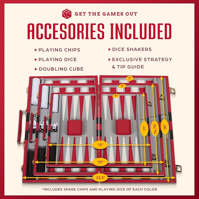 Get The Games Out Backgammon Set, Classic Board Game Case, 2 Players, Includes Strategy & Tip Guide, Perfect for Parties and Family Game Nights - Small, Red