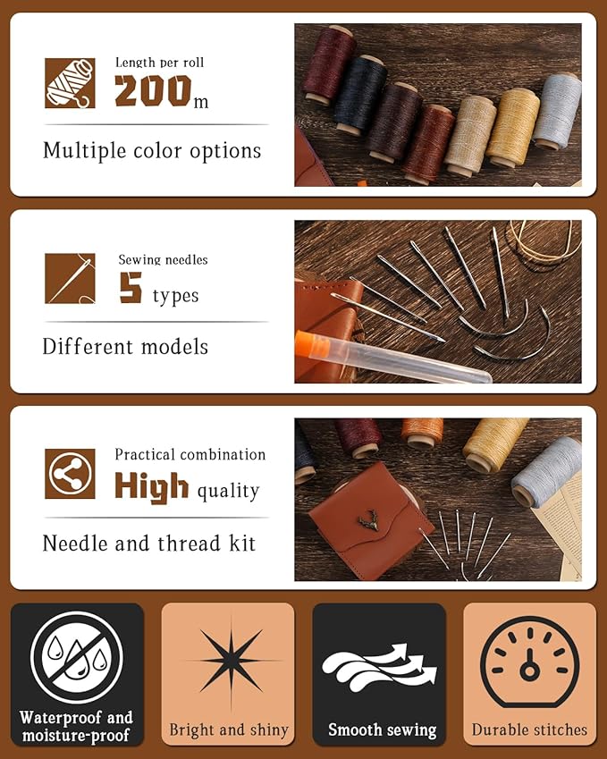 218 Yards Upholstery Thread, Heavy Duty Waxed Thread for Hand Sewing, Sewing Kit with 9 Upholstery Needles for Hand Stitching Bookbinding Repair Canvas