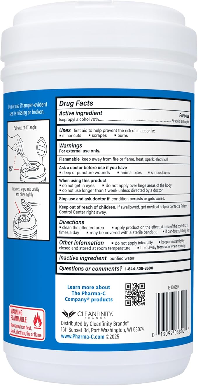 The Pharma-C Company 70% Isopropyl Alcohol Wipes [175ct Wipes] - Large Durable IPA Wipes. First-Aid Antiseptic Wound Cleaner with Moisture Lock Lid.