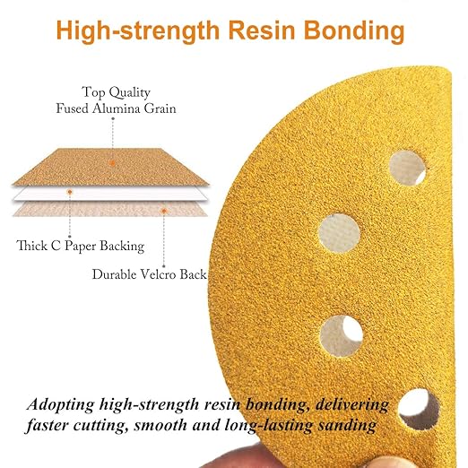5-Inch 8-Hole Hook and Loop Sanding Discs, 60/80/120/150/220/320/400 Assorted Grits Gold Sanding Disc for Random Orbital Sander, 105-Pack