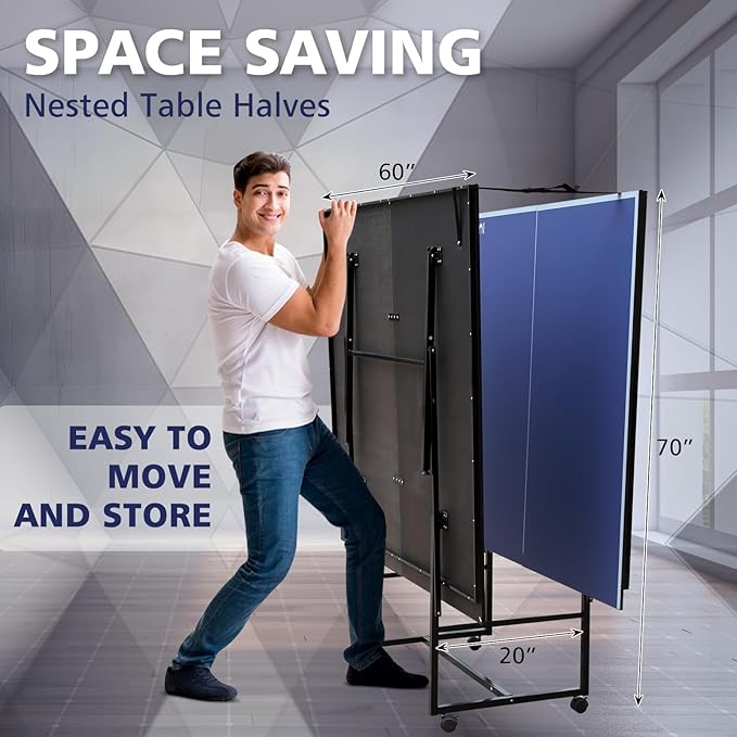 8ft/9ft Mid-Size Table Tennis Table Foldable & Portable Ping Pong Table Set for Indoor Games with Net, 2 Table Tennis Paddles and 3 Balls