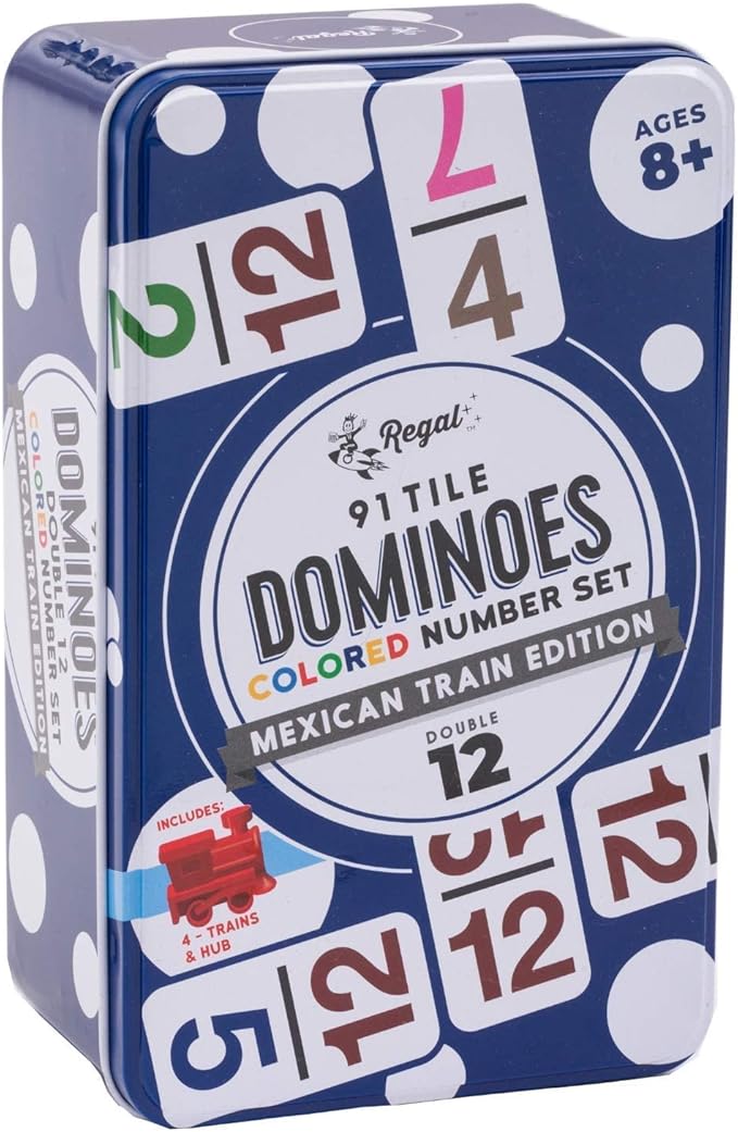 Regal Games Mexican Train Dominoes Set for Adults - Double 12 Dominoes with 91 Numbered Domino Tiles & 4 Trains - 2 or 4 Player Games & Ideal for Family Fun Game Night and Travel