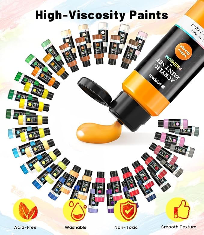 64 PCS Acrylic Paint Set with 12 Brushes, 2 Knives & Palette, 48 Colors (2oz/60ml) Art Craft Paint for Adults Kids Artists Beginners, Halloween Pumpkin Canvas Ceramic Rock Painting Kit