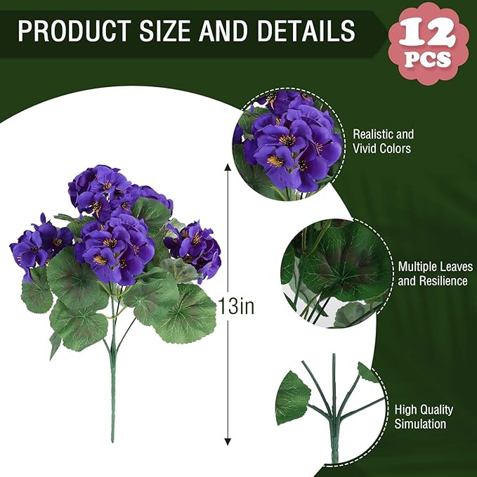 Hananona Artificial Geranium Flowers for Outdoors Geranium Silk Flowers Outdoor UV Resistant Garden Plants Faux Flowers for Home Kitchen Table Centerpieces Decor (12, Purple)