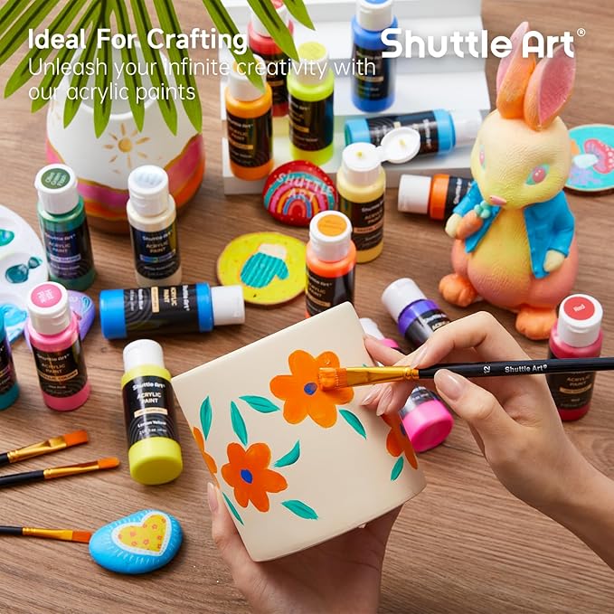 Shuttle Art 100 Colors Acrylic Paint, 2oz/60ml Bottles, Include 2 Sets of 12 Paint Brushes, 1 Art Sponge & Palette, Premium for Artists, Beginners & Kids on Canvas Rocks Wood Ceramic