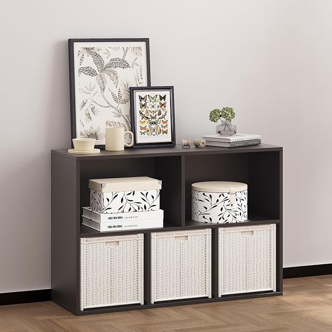 Wooden 5 Cube Storage Organizer with Closed Back Panel, Black Cube Shelf Heavy Duty Cubby Storage Organizer with Compartments for Living, Display Shelf