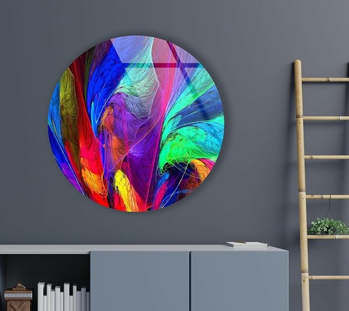 My Photostation.com 15.8''(40cm) Diameter Neon Colors Abstract Round Glass Wall Art Tempered Glass Printing Wall Decor Large Wall Art Wall Hangings