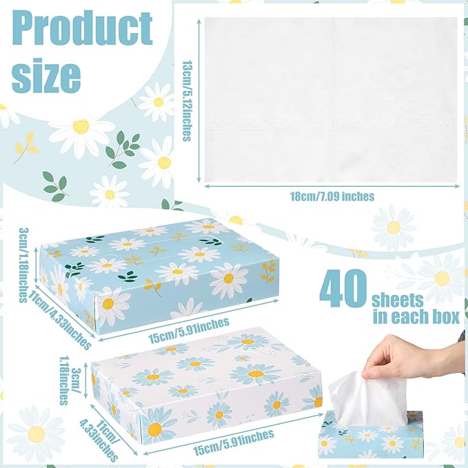 Yinder 24 Packs 960 Sheets Tissue Cube Car Facial Boxes Disposable Facial Travel Tissues Holder Soft Watercolor Boxes 2 Ply 40 Sheets for Wedding Household Car Kitchen Bathroom(Fresh Daisy)
