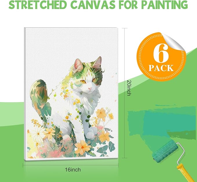 ESRICH Stretched Canvas for Painting 16x20 Inch, 6Pack Large Canvas for Painting, Primed Acid-Free Cotton Blank Canvases, Art Paint Canvases for Oil Paint,Watercolor,Acrylic Paint,Gouache and Tempera.