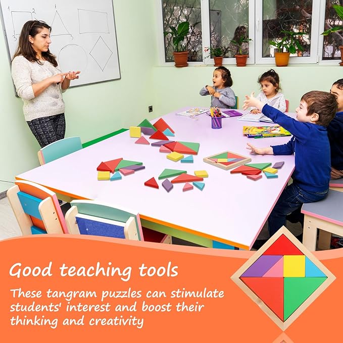 Syhood 24 Pieces Tangrams Puzzles for Students Party Favors Wooden Tangram Pattern Blocks Brain Logic Blocks for Manipulatives Games Educational Gifts and Party Favors(Bright)