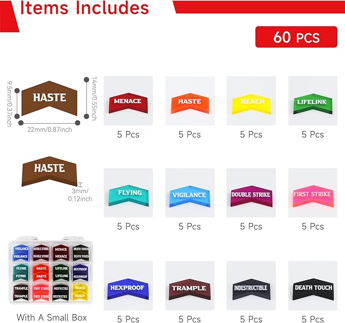 SIXPOINTS 60 Pieces MTG Keyword Counters -Set of Color Coded MTG Tokens & Box Set Compatible with Magic The Gathering, TCG, Card Games Accessories (MTG Keyword Counters)