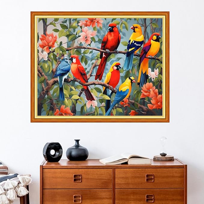 Stamped Cross Stitch Kits - Beach Night Landscape Counted Cross Stitch Kits for Beginners Adults Needlepoint Cross-Stitch Patterns-Colorful Little Bird Family 16x20 inchs