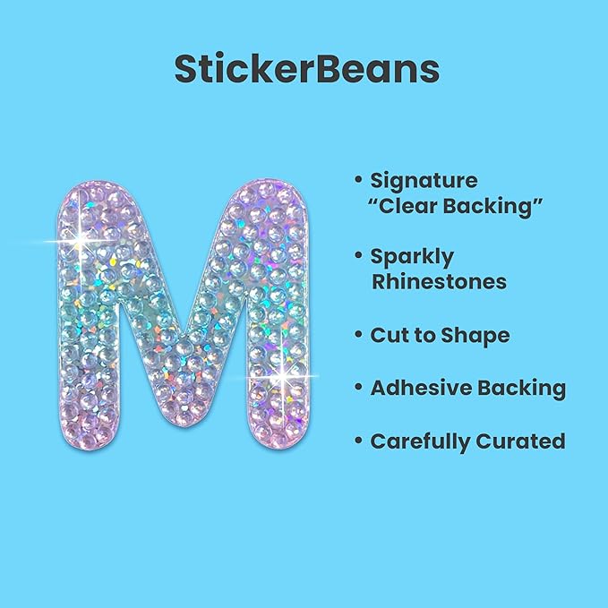 StickerBeans® Rhinestone Alphabet Letter Sticker M - Unique Sparkly Design 2” x 2” Cut-to-Shape Adhesive - Personalization, Collecting, Gifting, Scrapbooking, Decorating Laptops, Phone Cases, All Ages