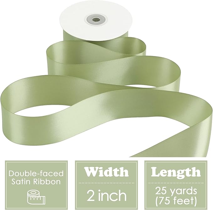 HUIHUANG Sage Green Satin Ribbon - 25 Yards/Roll for Flower Bouquets, Wedding Invitations, Gift Wrapping, Holiday Decor, Hair Bows
