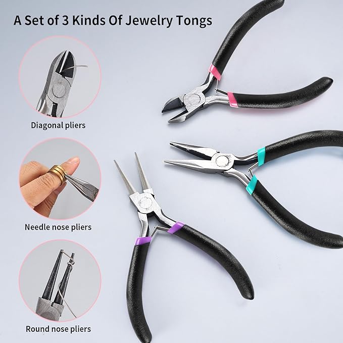 3 Pcs Jewelry Making Tools Pliers Kit, Includes Needle Nose/Round Nose Pliers/Diagonal, Wire Cutters for Jewelry Making Wire Wrapping Beading Crafts Matte Handle
