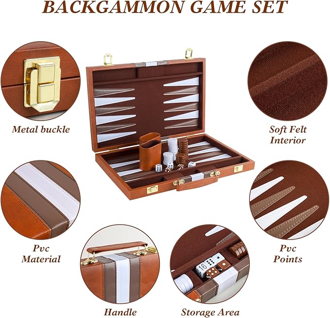 Backgammon Set 2 Players Classic Backgammon Sets for Adults Board Game with PU Leather Case Portable and Travel Backgammon Set (Brown, 15inch)
