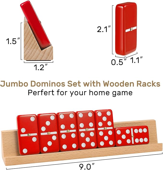 Dominoes Set for Adults with 4 Wooden Racks/Trays, Double Six Dominoes Travel Set with Portable Case Double 6 Dominoes Set with 4 Tiles Holders, 28 Tiles Dominos Set for Family Board Games - Red