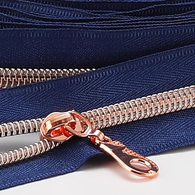 The Yards 10 Yards Bulk Navy Blue Nylon Coil Zipper with Rose Gold Teeth - Replacement Sewing Zipper with 10PCS Sliders for DIY Craft Bags
