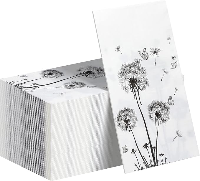 100 Sheets Dandelion Guest Towels Disposable for Bathroom Disposable Paper Napkins for Dinner Party Kitchen Floral Paper Hand Towels for Guest Party Supplies (4.3 x 7.9 Inch)