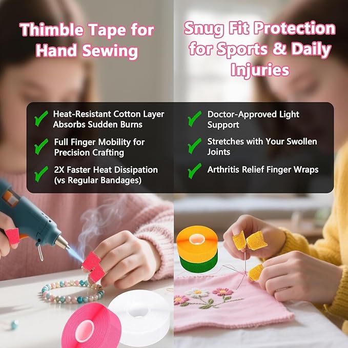 6 Pack Thimble Tape for Hand Sewing,1.6CM*15M Thimbles for Hand Sewing,Soft & Breathable Cotton Gauze Sewing Finger Protector for Embroidery, Needlework, Needlepoint,Knitting(Multicolor)