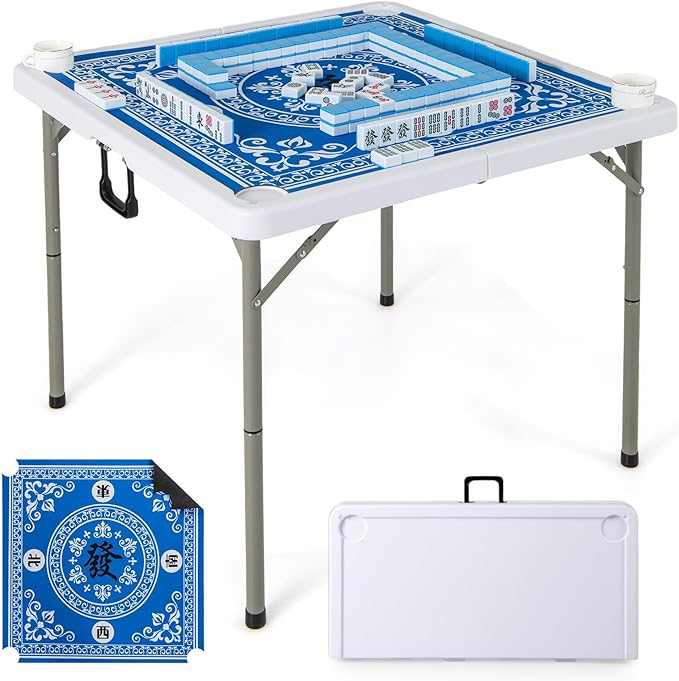 Giantex Folding Mahjong Table, 35" Square Card Table with Cup Holders, Removable Noise Reduction Mat, HDPE Tabletop, 4-Player Portable Domino Tables for Poker Blackjack Board Game (Blue)