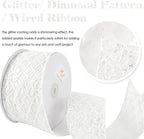HUIHUANG White Glitter Wired Ribbon for Christmas Tree 2.5 inch White Diamond Mesh Wire Ribbon for Tree Decoration, Wreaths, Garland, Gift Wrapping, Large Bows Making, Home Decor -10 Yards