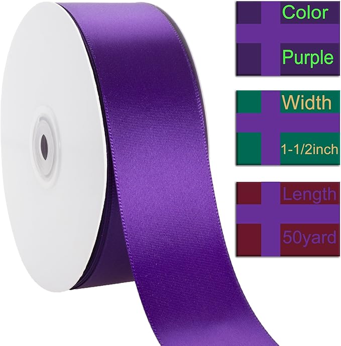 1-1/2 Inch Purple Ribbon, 50 Yards Craft Polyester Satin Ribbon Perfect for Gift Wrapping, Handmade Roses, Wedding Party Decorations and DIY Crafts