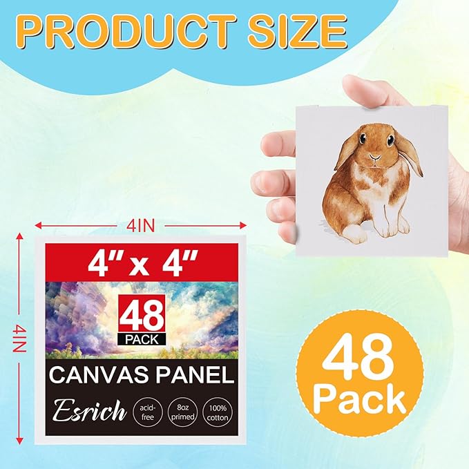 ESRICH Canvas Boards for Painting, 48 Pack Canvases for Painting 4x4 100% Cotton Small Paint Canvas Primed Acid Free Mini Blank Canvas Panels for Oil Paint,Watercolor,Acrylic Paint,Gouache&Tempera.