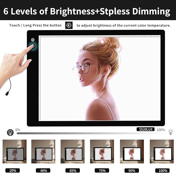 Rechargeable A2 Light Pad, Wireless Battery Powered Artist Tracing Light Box, 3 Colors/6-Level/Stepless Adjusted Brightness Large Light Board for Diamond Painting, Cricut Weeding Vinyl, Art